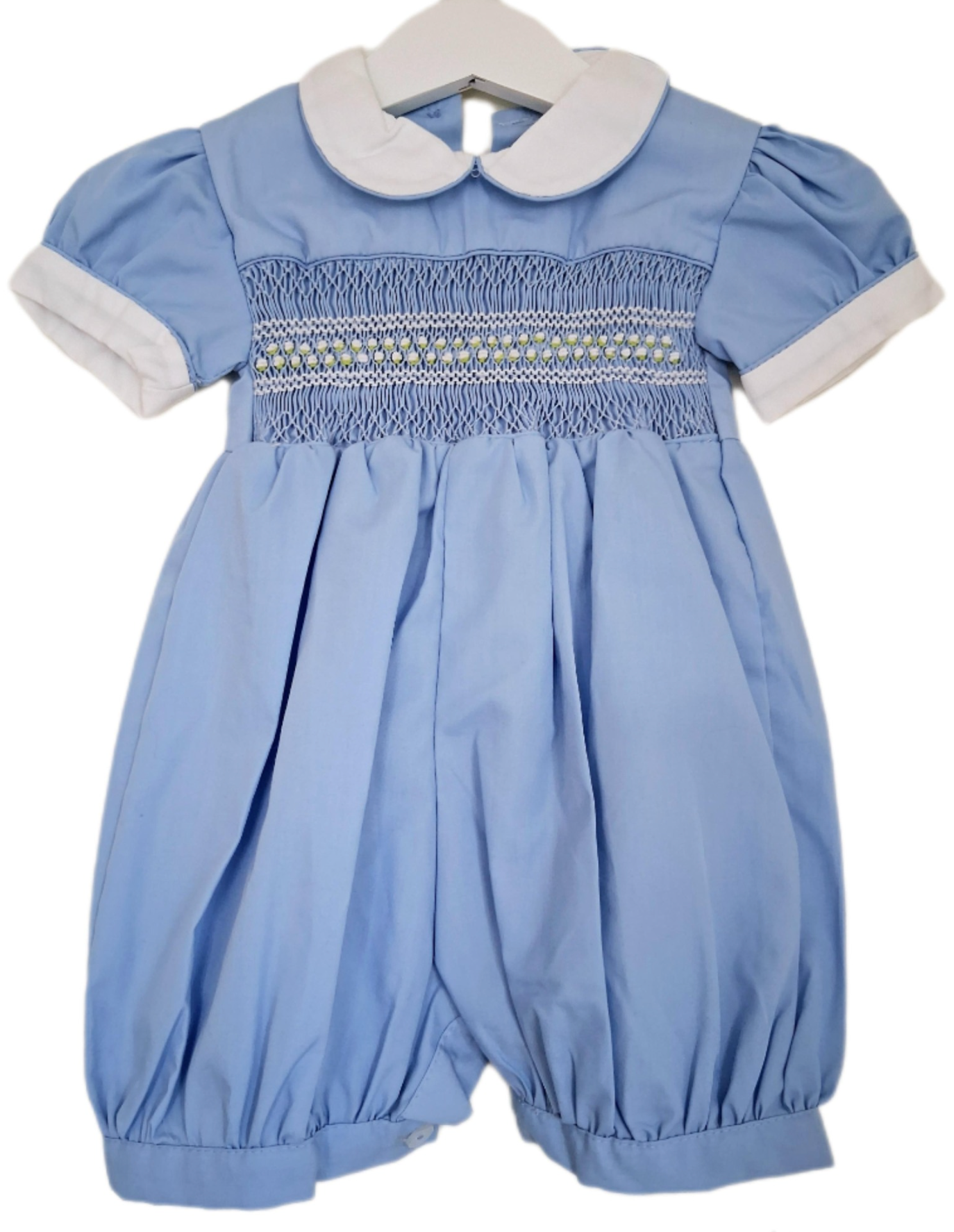 Smockad romper med Puffärm och Krage - Blommig Blå - 6 mån