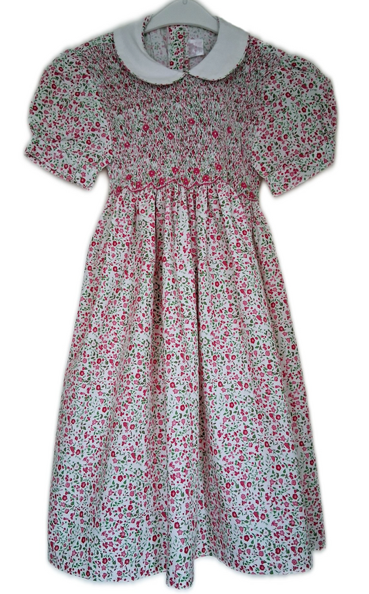 Smockklänning med Puffärm och Krage - Blommig Rosa  5-6 år