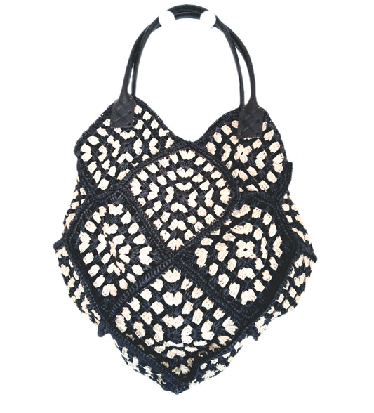 Virkad raffia macramé Tote svart beige
